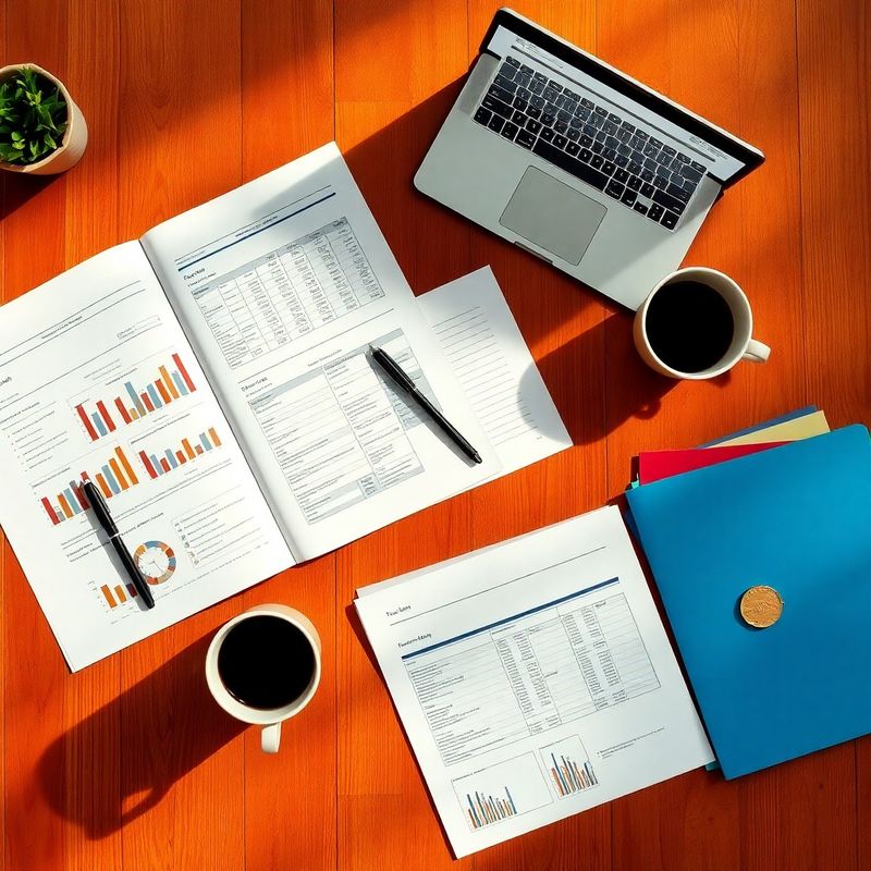 Spațiu de lucru pentru planificare fiscală: documente, laptop și accente în albastru